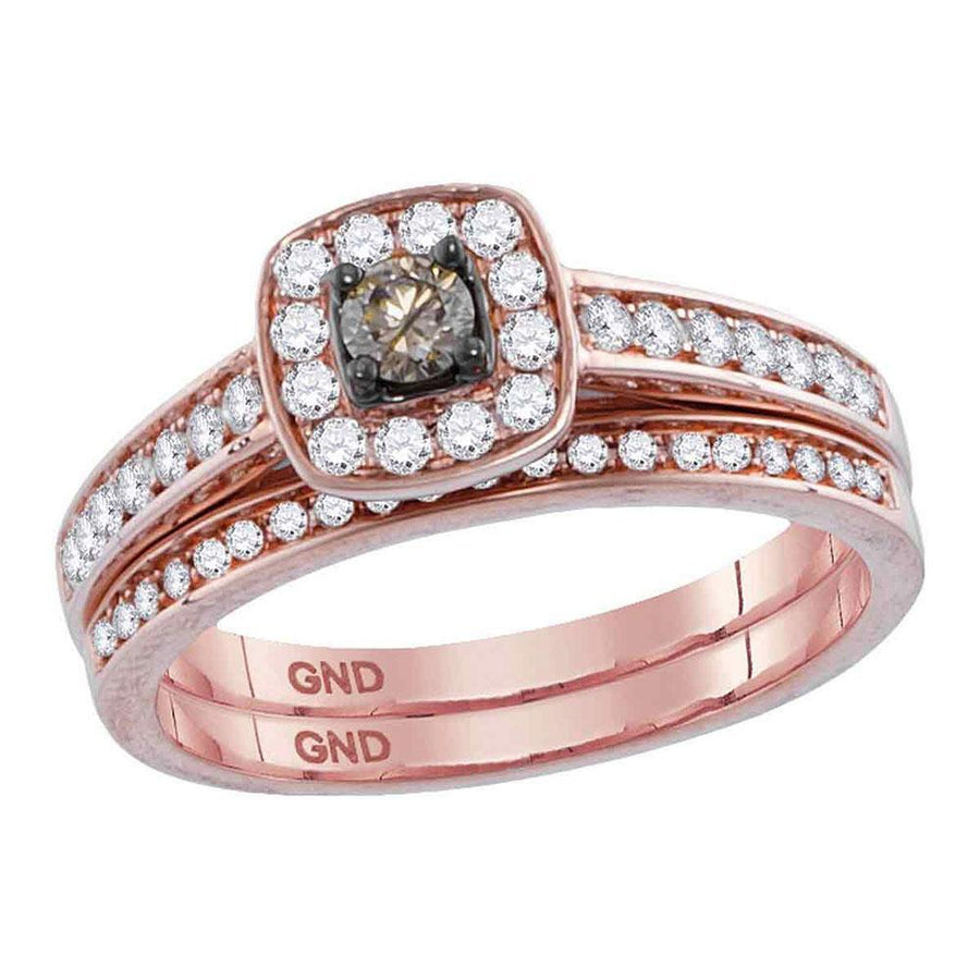 14kt Rose Gold Round Brown Diamond Solitaire Bridal Wedding Ring Band Set 1/2 Cttw
