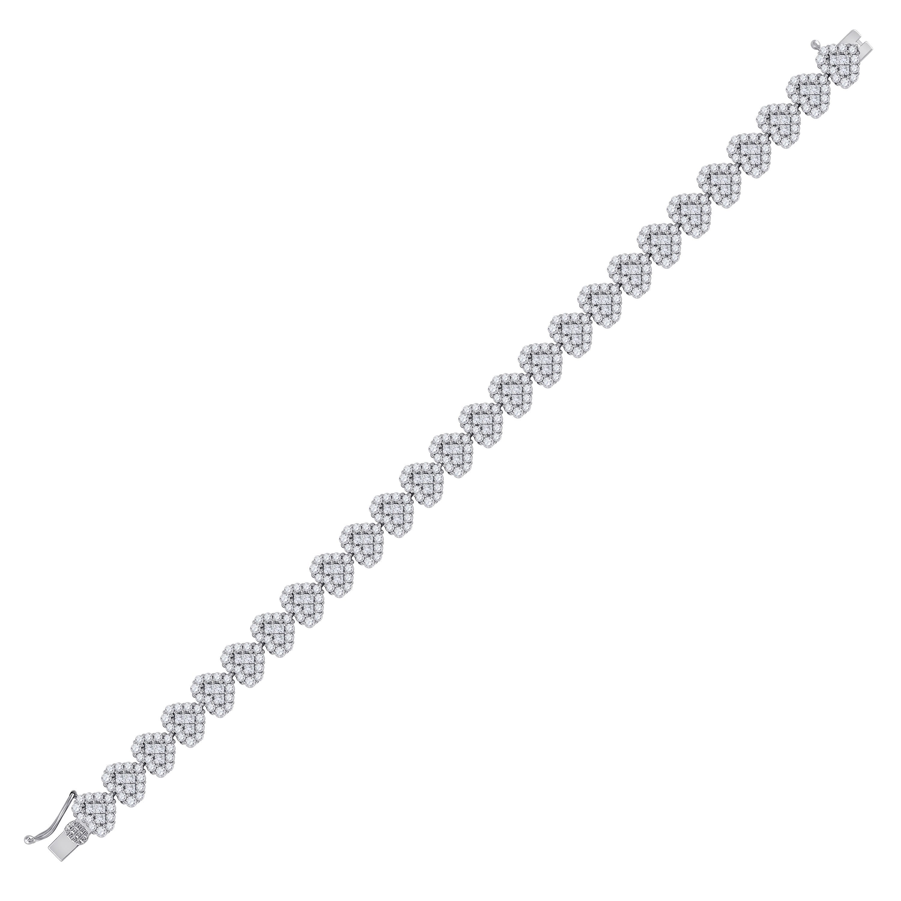 14kt White Gold Womens Round Princess Diamond Heart Bracelet 6-3/8 Cttw