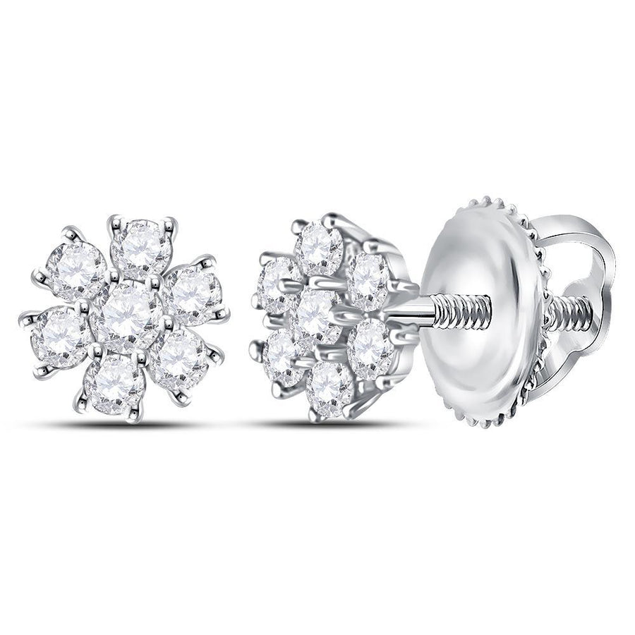 14kt White Gold Womens Round Diamond Flower Cluster Burst Earrings 1/8 Cttw