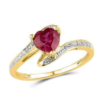 10kt Yellow Gold Womens Heart Synthetic Ruby Solitaire Diamond-accent Bypass Ring 1 Cttw