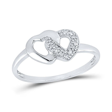 Sterling Silver Womens Round Diamond Double Linked Heart Ring 1/20 Cttw