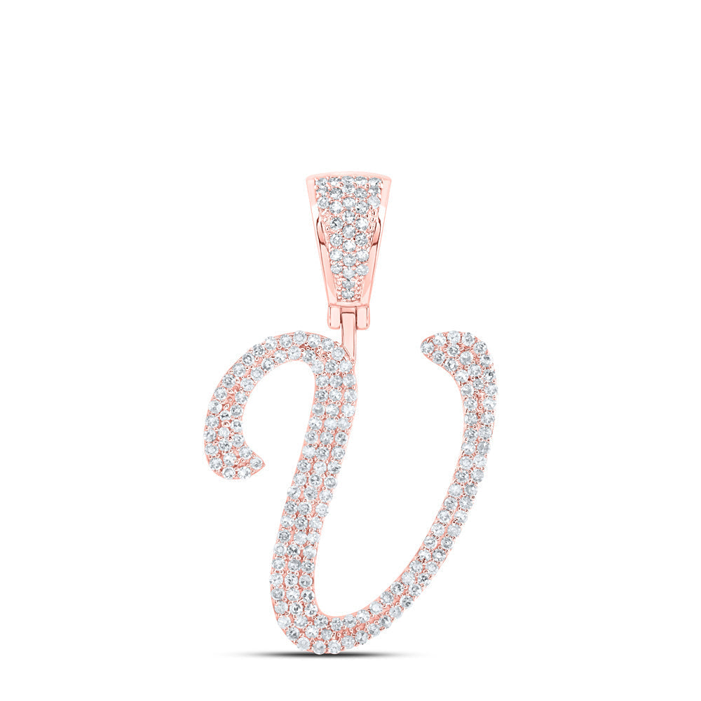 10kt Rose Gold Mens Round Diamond V Initial Letter Charm Pendant 7/8 Cttw