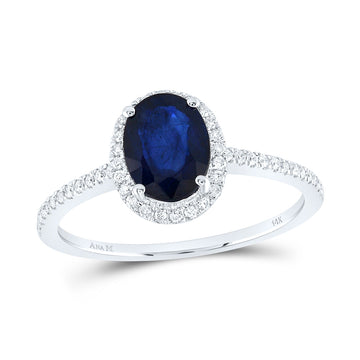 14kt White Gold Womens Oval Blue Sapphire Solitaire Diamond Halo Ring 1 Cttw