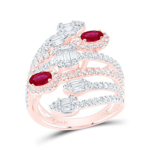 14kt Rose Gold Womens Oval Ruby Diamond Spiral Cocktail Ring 1-3/4 Cttw