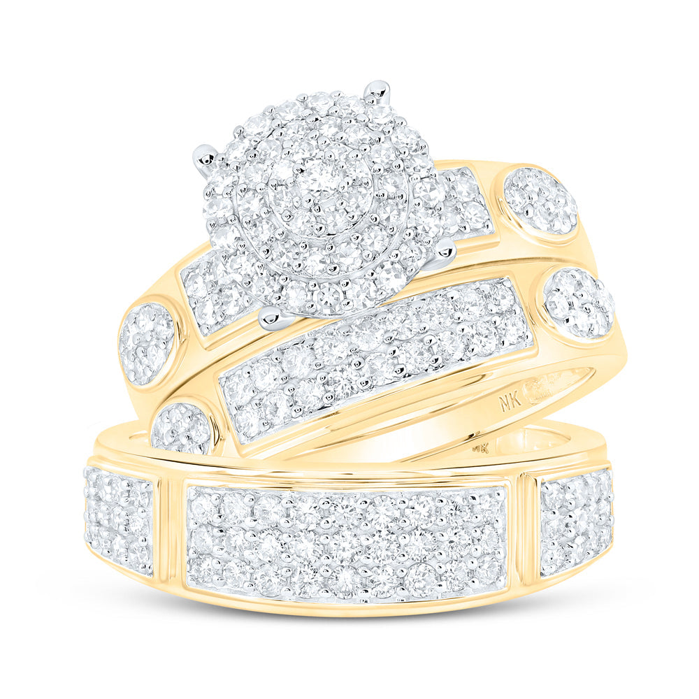 10kt Yellow Gold His Hers Round Diamond Cluster Matching Wedding Set 1-3/8 Cttw