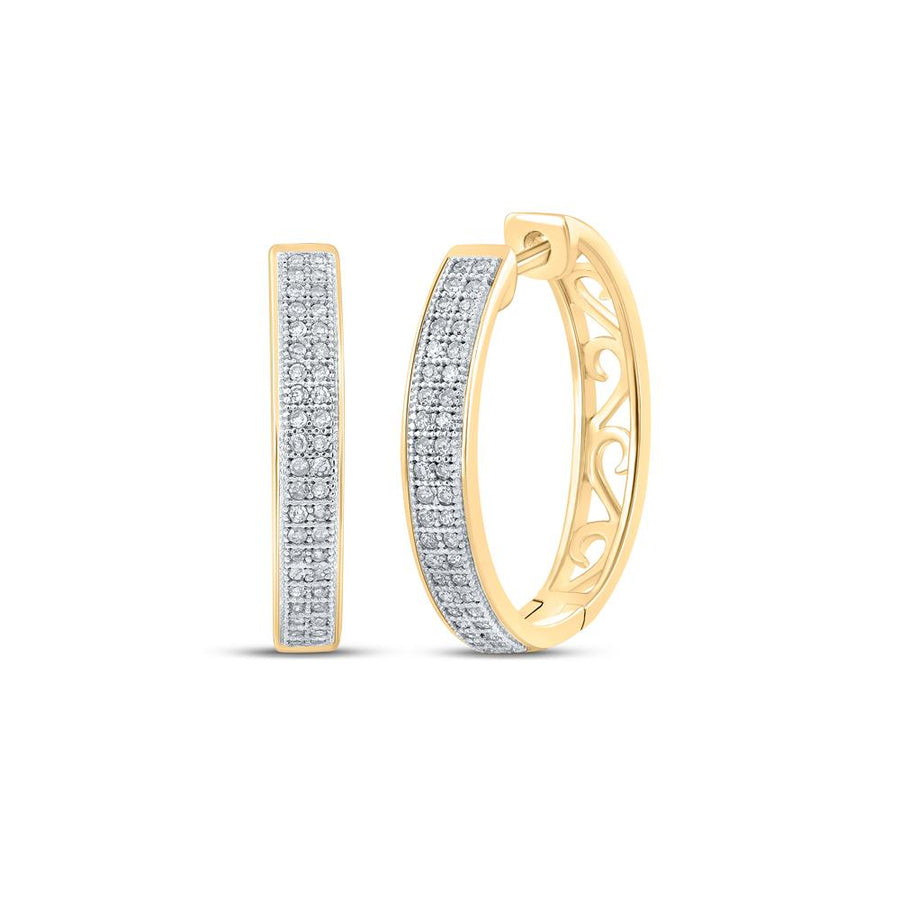 10kt Yellow Gold Womens Round Diamond Double Row Pave Hoop Earrings 1/4 Cttw