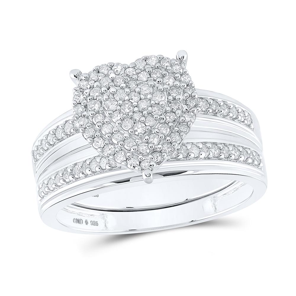 Sterling Silver His Hers Round Diamond Heart Matching Wedding Set 7/8 Cttw