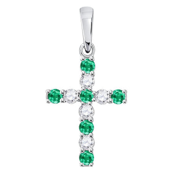 10kt White Gold Womens Round Synthetic Emerald Cross Pendant 1/3 Cttw