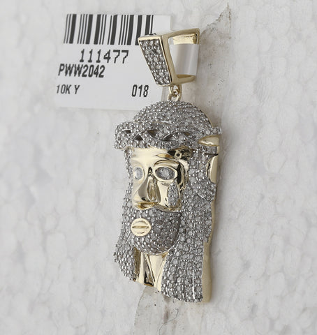 10kt Yellow Gold Mens Round Diamond Jesus Face Charm Pendant 7/8 Cttw