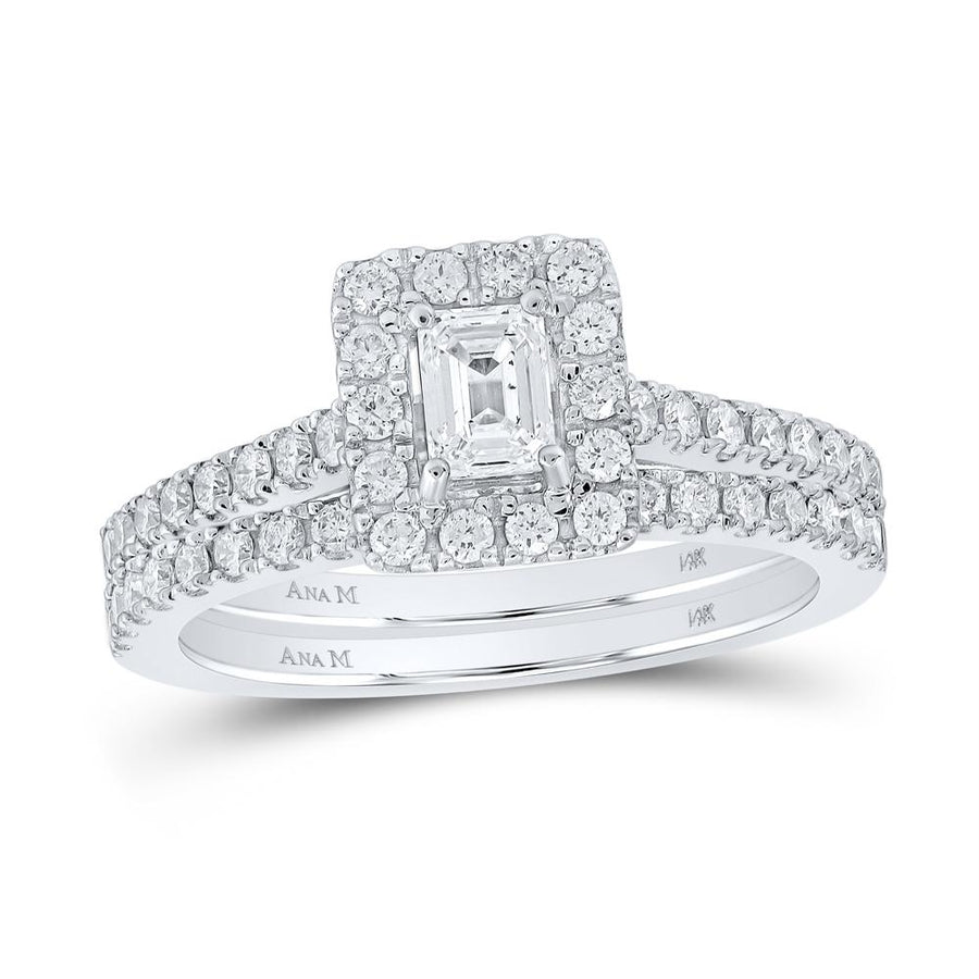 14kt White Gold Emerald Diamond Halo Bridal Wedding Ring Band Set 1 Cttw