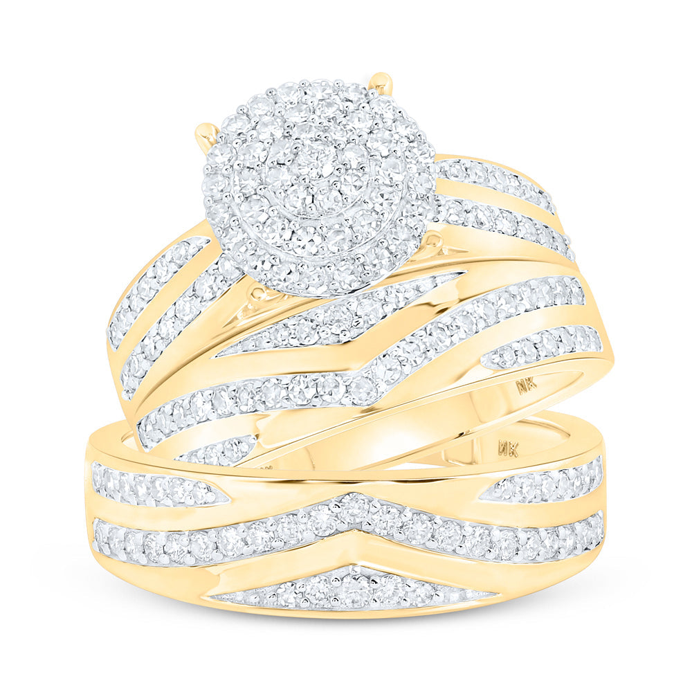 10kt Yellow Gold His Hers Round Diamond Cluster Matching Wedding Set 1-1/5 Cttw