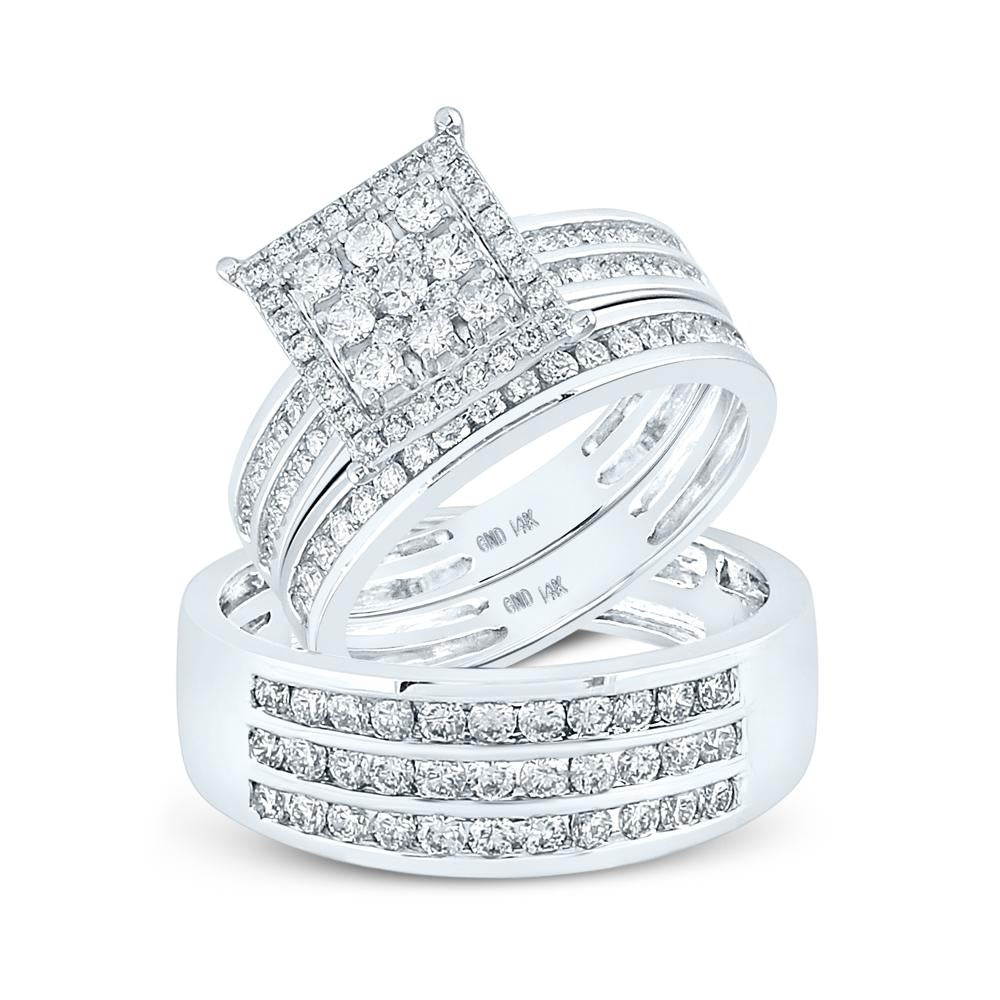 14kt White Gold His Hers Round Diamond Square Matching Wedding Set 1-1/2 Cttw