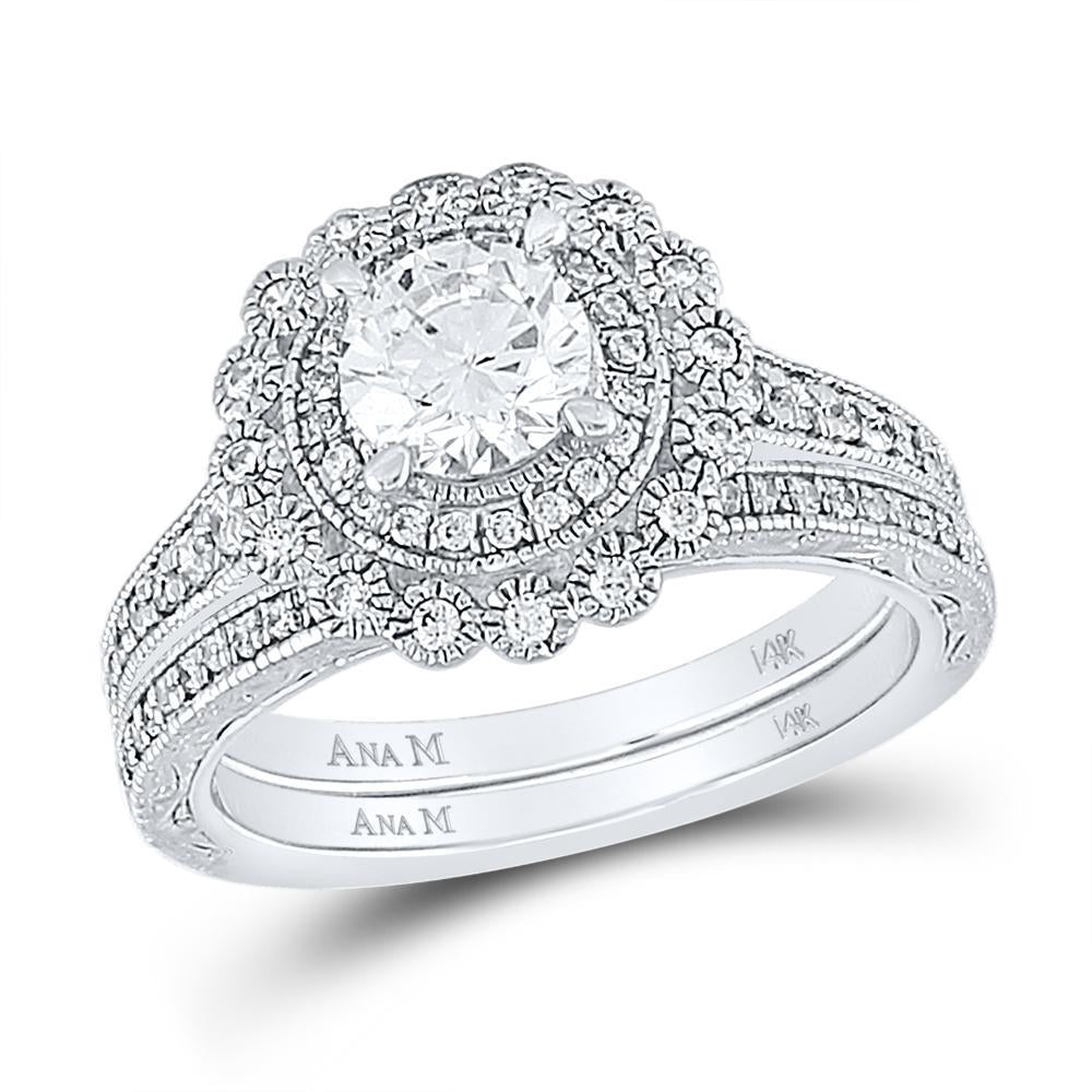 14kt White Gold Round Diamond Bridal Wedding Ring Band Set 1-1/5 Cttw