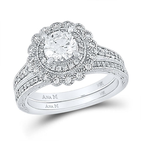 14kt White Gold Round Diamond Bridal Wedding Ring Band Set 1-1/5 Cttw