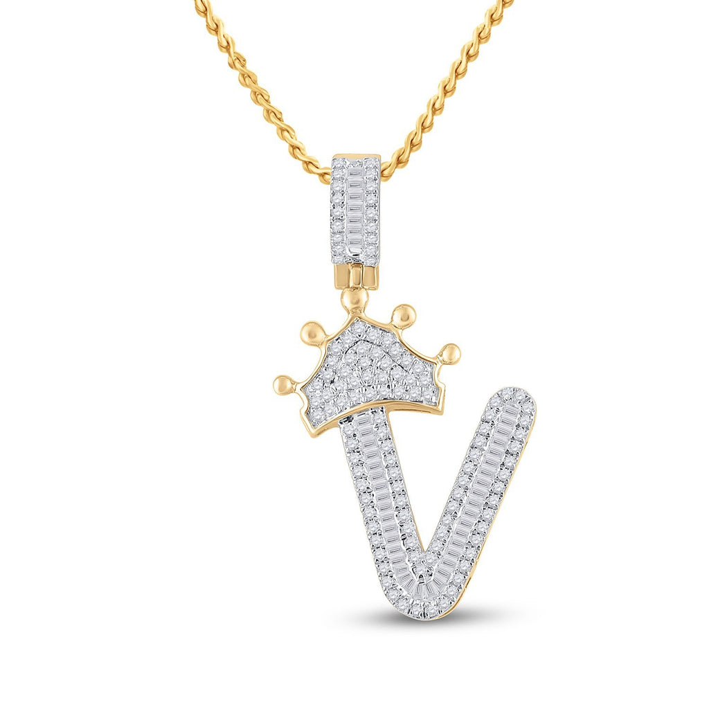 10kt Yellow Gold Mens Baguette Diamond Crown V Letter Charm Pendant 5/8 Cttw
