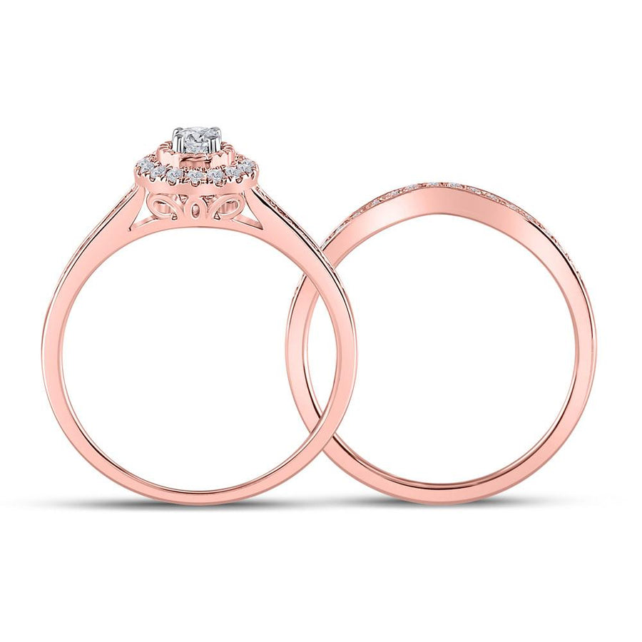 10kt Rose Gold Round Diamond Halo Bridal Wedding Ring Band Set 1/3 Cttw