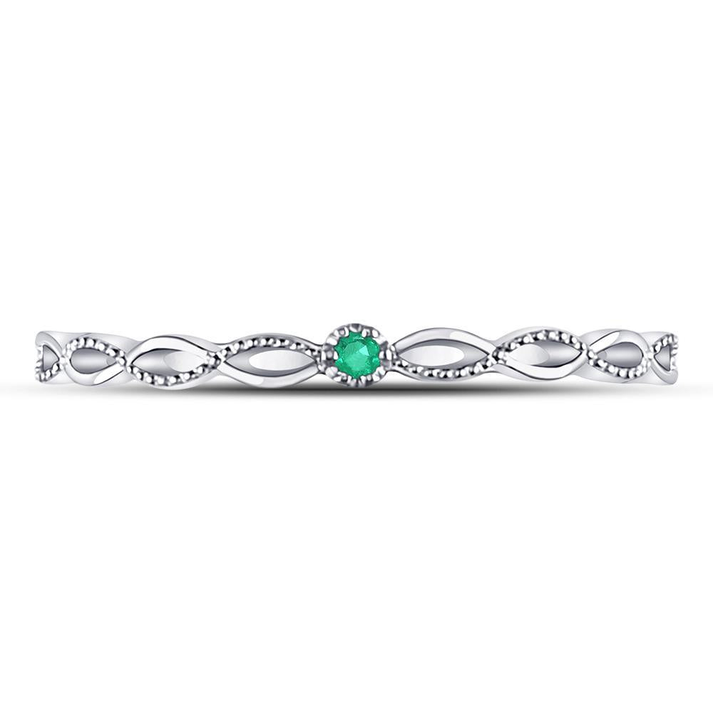 10kt White Gold Womens Round Emerald Solitaire Milgrain Stackable Band Ring .01 Cttw