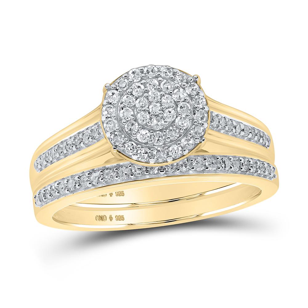 Yellow-tone Sterling Silver His Hers Round Diamond Cluster Matching Wedding Set 5/8 Cttw