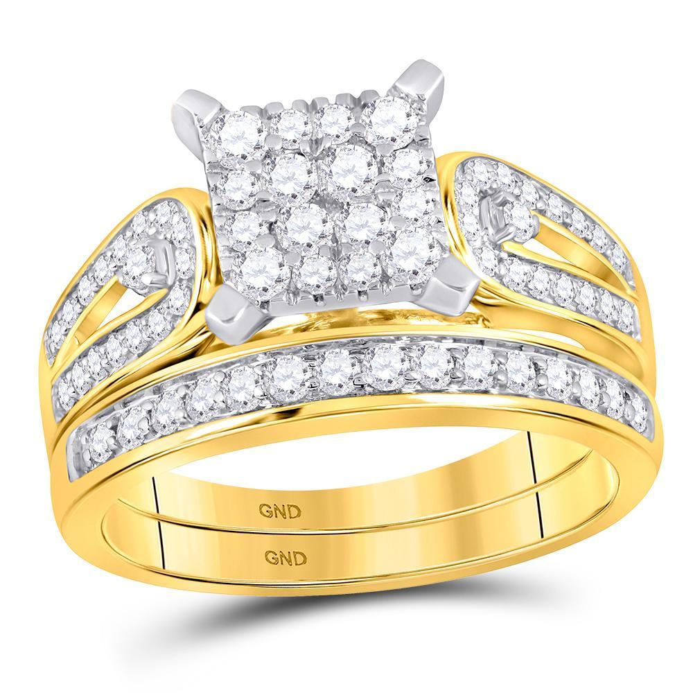 14kt Yellow Gold His Hers Round Diamond Square Matching Wedding Set 1-1/5 Cttw