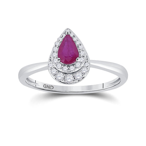 14kt White Gold Womens Pear Ruby Diamond Teardrop Halo Solitaire Ring 3/4 Cttw