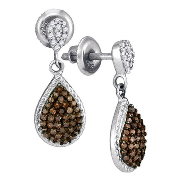 10kt White Gold Womens Round Brown Diamond Teardrop Dangle Earrings 1/2 Cttw