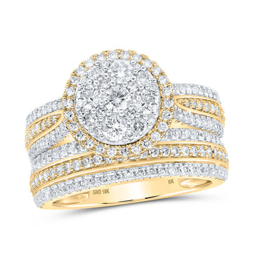 10kt Yellow Gold Round Diamond Cluster Bridal Wedding Ring Band Set 1-1/2 Cttw