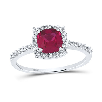 10kt White Gold Womens Cushion Synthetic Ruby Diamond Solitaire Ring 1-1/2 Cttw