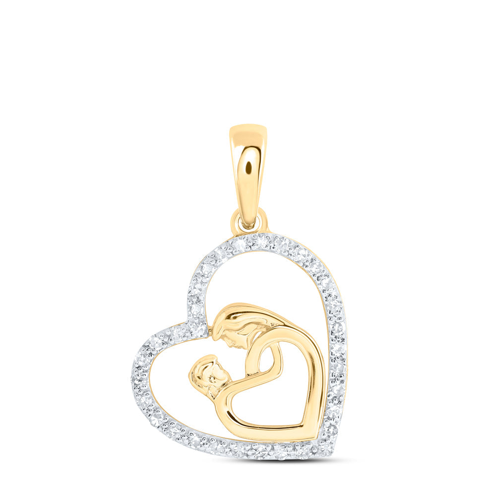 10kt Yellow Gold Womens Round Diamond Mom Child Heart Pendant 1/6 Cttw
