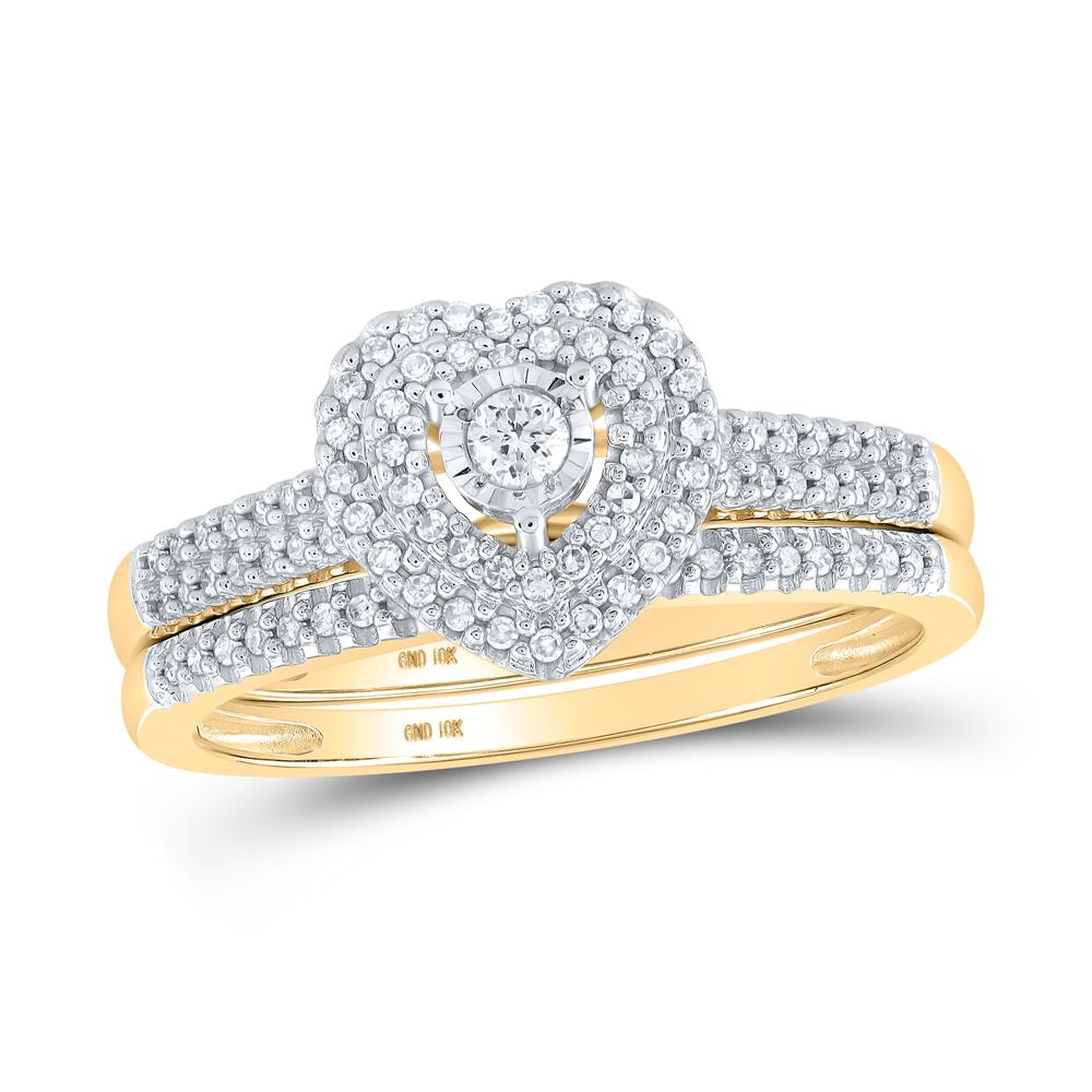 10kt Yellow Gold Round Diamond Heart Bridal Wedding Ring Band Set 1/3 Cttw