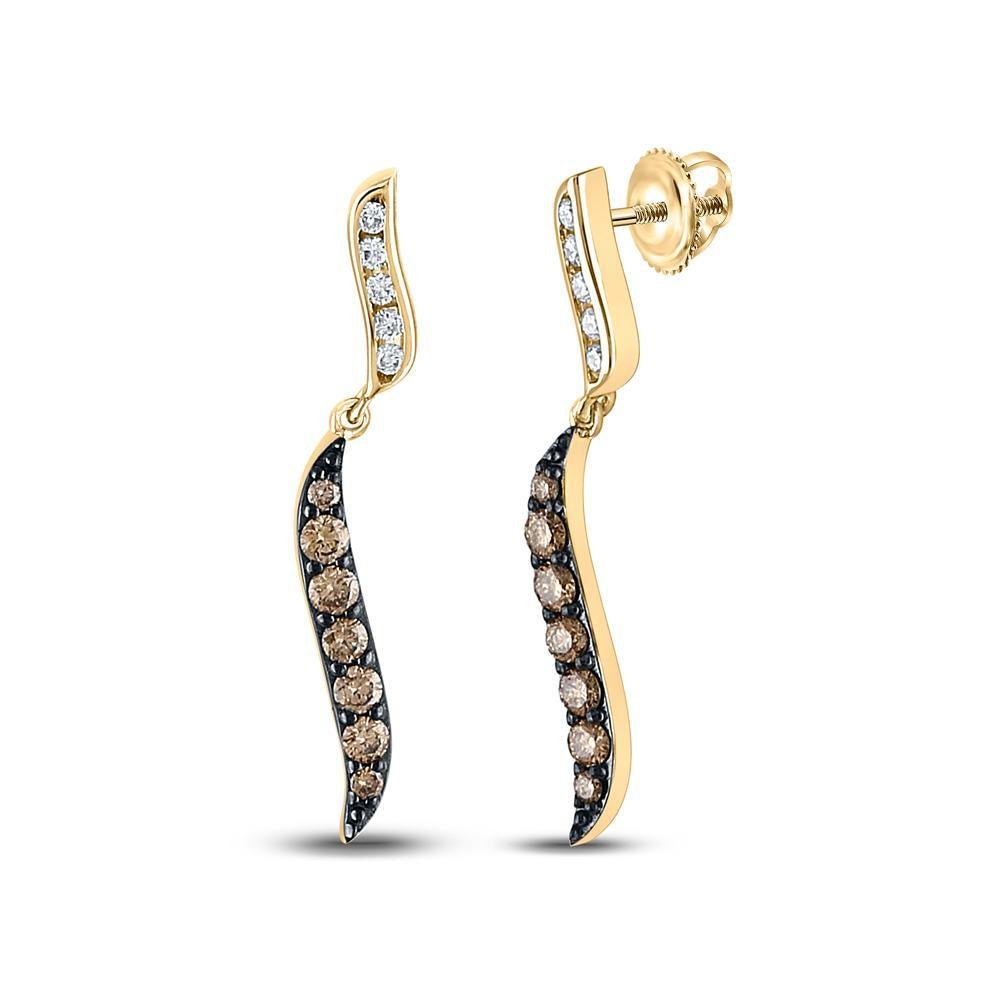 10kt Yellow Gold Womens Round Brown Diamond Dangle Earrings 1/2 Cttw