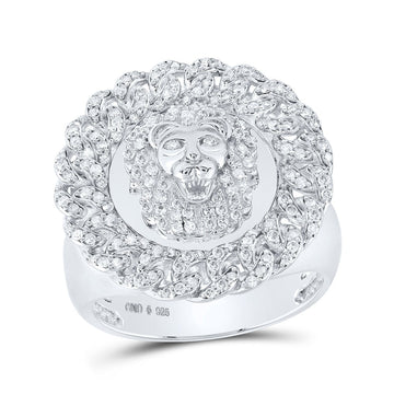 Sterling Silver Mens Round Diamond Lion Cuban Link Circle Ring 3/4 Cttw