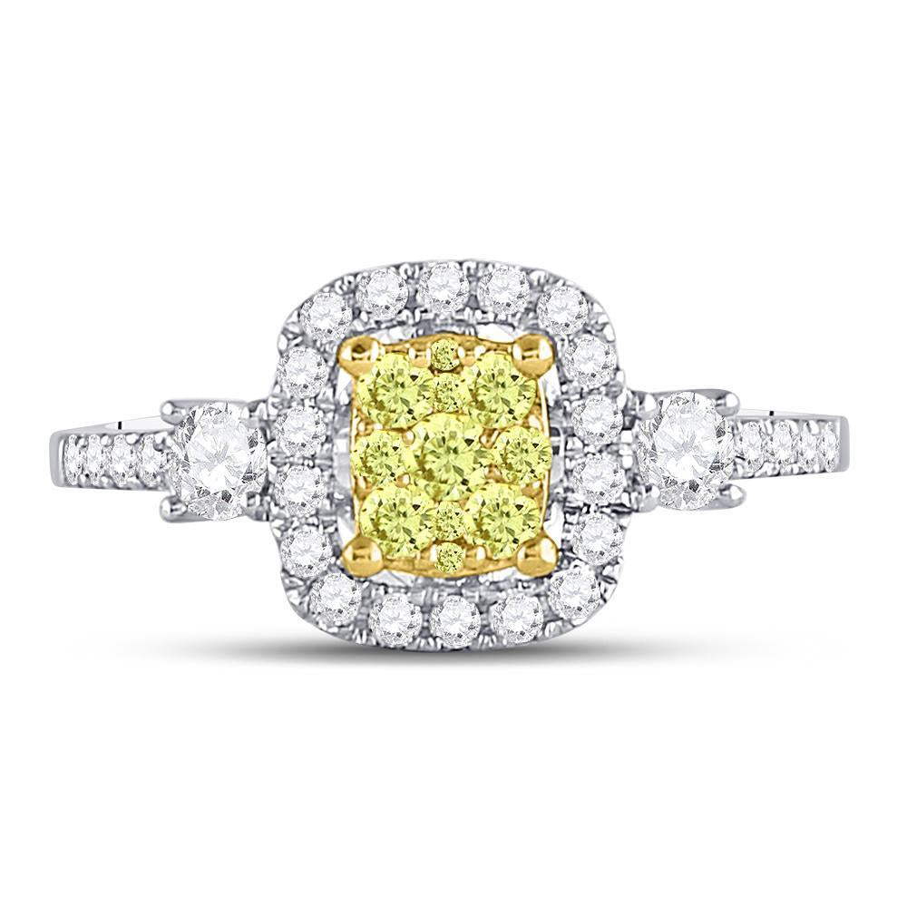 14kt White Gold Womens Round Yellow Diamond Square Frame Cluster Ring 5/8 Cttw
