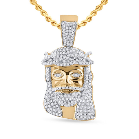 10kt Yellow Gold Mens Round Diamond Jesus Face Charm Pendant 3/4 Cttw
