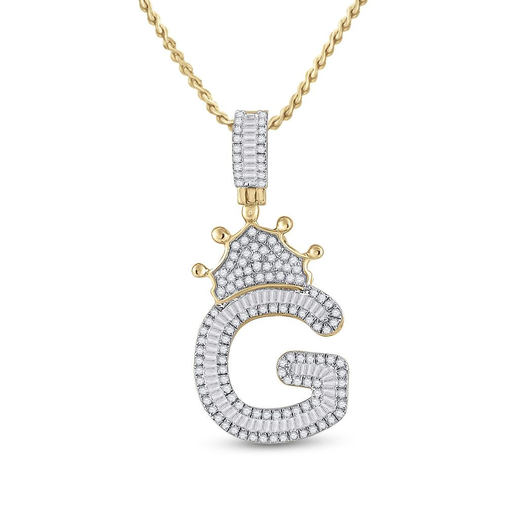 10kt Yellow Gold Mens Baguette Diamond Crown G Letter Charm Pendant 3/4 Cttw