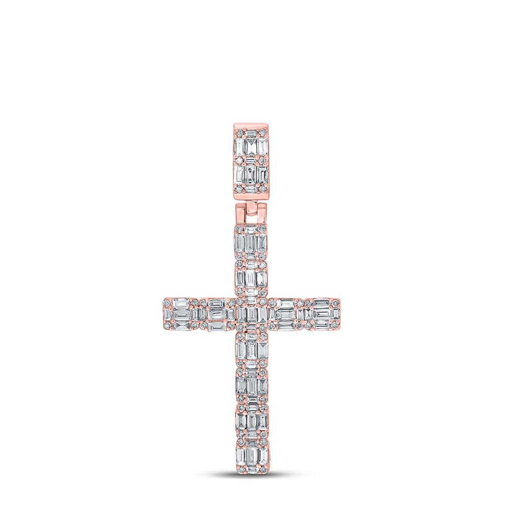 10kt Rose Gold Mens Baguette Diamond Cross Charm Pendant 1-3/4 Cttw