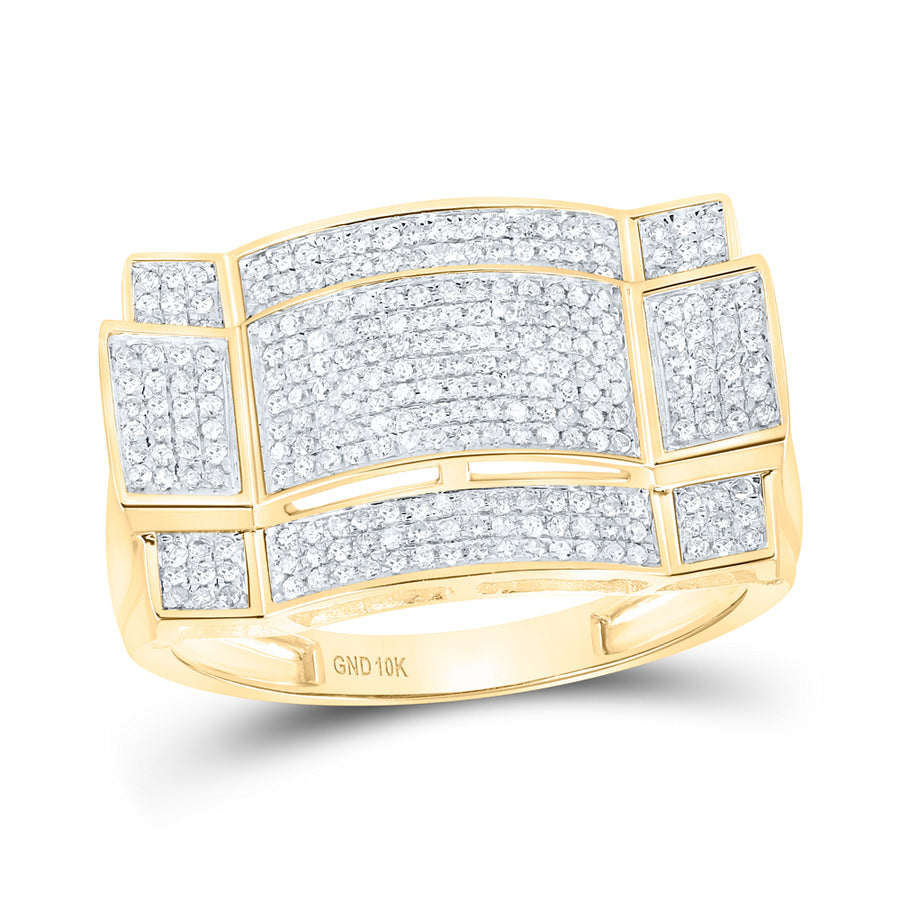 10kt Yellow Gold Mens Round Diamond Contoured Rectangle Cluster Ring 1/2 Cttw