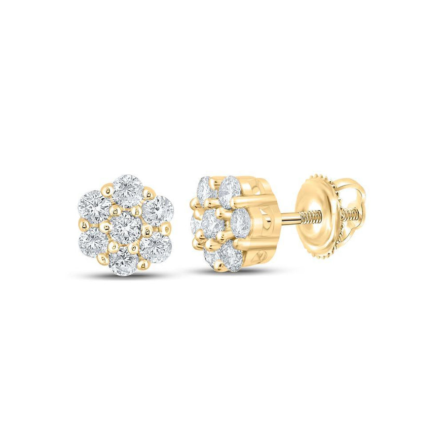 14kt Yellow Gold Round Diamond Flower Cluster Earrings 1/4 Cttw