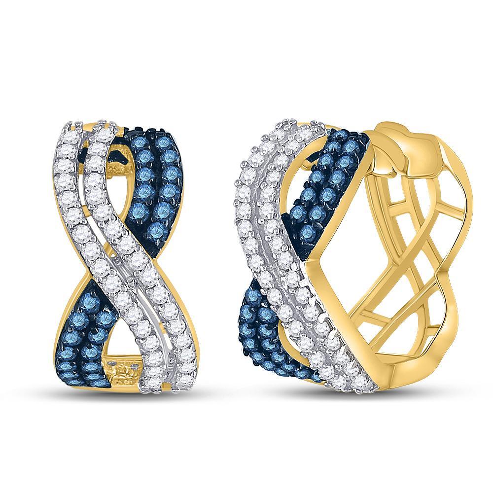 10kt Yellow Gold Womens Round Blue Color Enhanced Diamond Hoop Earrings 1 Cttw