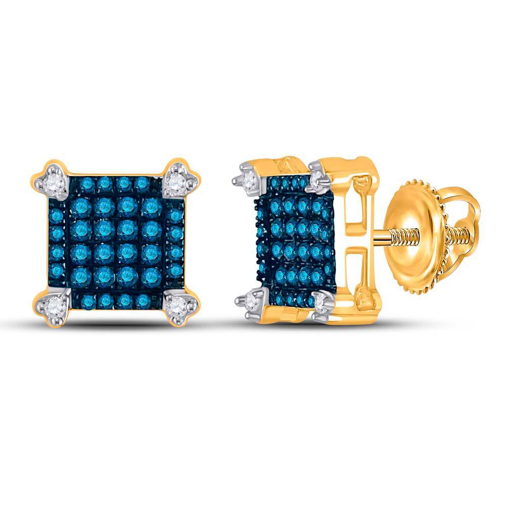 10kt Yellow Gold Womens Round Blue Color Enhanced Diamond Square Cluster Earrings 1/4 Cttw