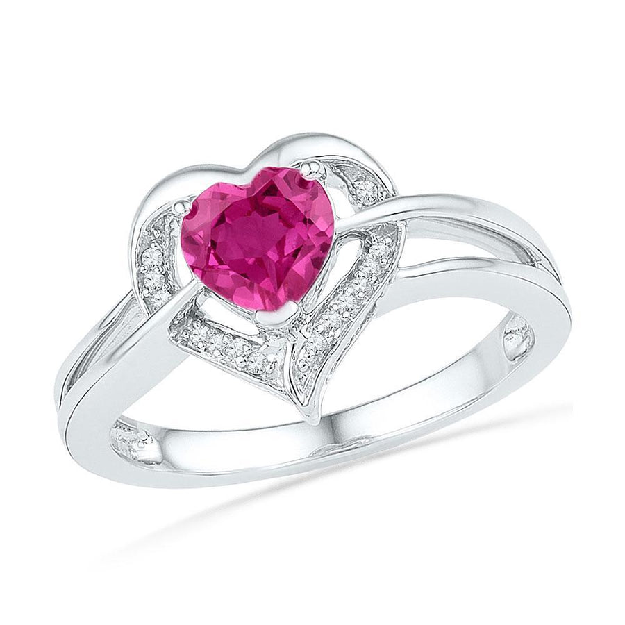 Sterling Silver Womens Round Synthetic Pink Sapphire Heart Diamond Ring 1 Cttw