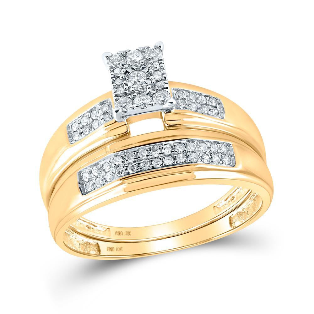 10kt Yellow Gold His Hers Round Diamond Cluster Matching Wedding Set 1/3 Cttw