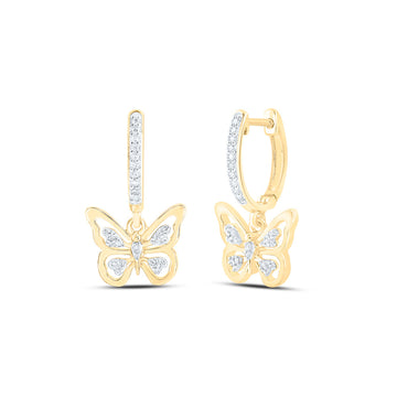 10kt Yellow Gold Womens Round Diamond Butterfly Hoop Dangle Earrings 1/6 Cttw