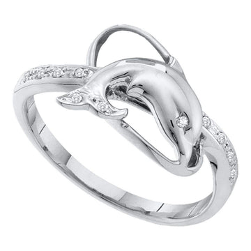 10kt White Gold Womens Round Diamond Dolphin Fish Animal Ring 1/20 Cttw