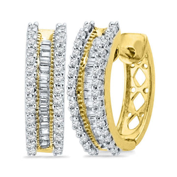 10kt Yellow Gold Womens Round Baguette Diamond Hoop Earrings 1/2 Cttw