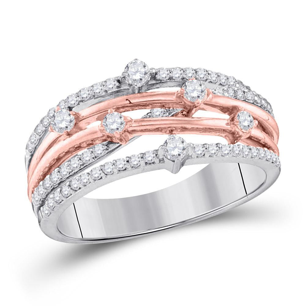 10kt Two-tone White Gold Womens Round Diamond Crossover Strand Band Ring 1/2 Cttw