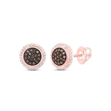 10kt Rose Gold Womens Round Brown Diamond Cluster Earrings 1/4 Cttw