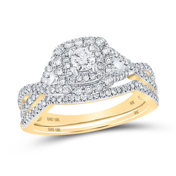10kt Yellow Gold Round Diamond Halo Bridal Wedding Ring Band Set 3/4 Cttw