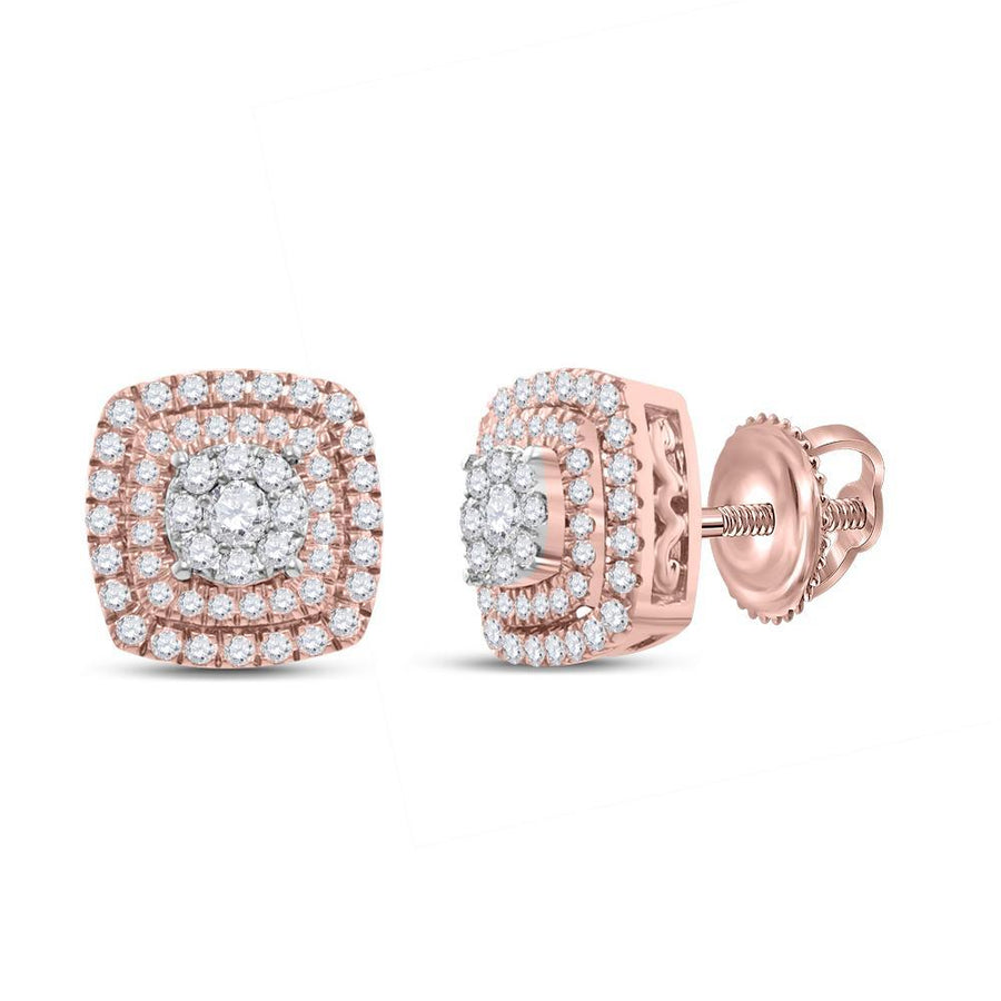 14kt Rose Gold Womens Round Diamond Cushion Cluster Stud Earrings 1 Cttw