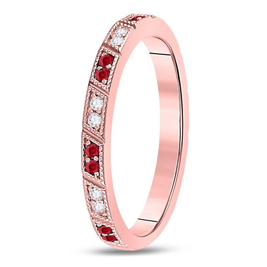 10kt Rose Gold Womens Round Ruby Diamond Milgrain Stackable Band Ring 1/4 Cttw