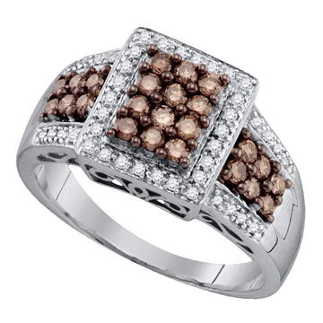 10kt White Gold Womens Round Brown Diamond Square Cluster Ring 5/8 Cttw